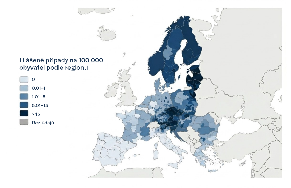Geografické rozložení hlášených případů klíšťové encefalitidy v Evropě.